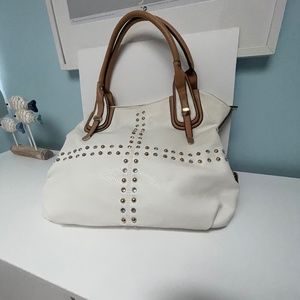White Synthetic Bag with Tan Handles and  Gold Accents